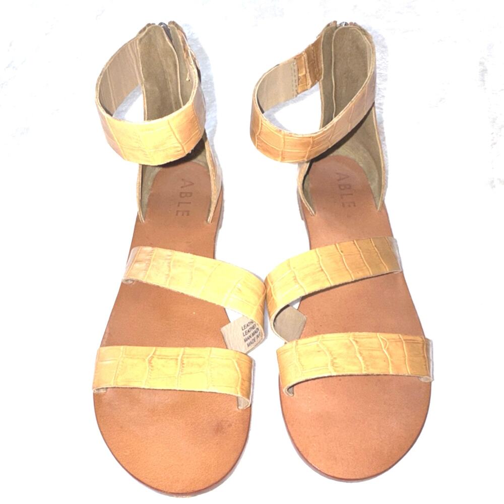 ABLE Crocodile Embossed Strappy Leather Zip Sandals Tan Women US 9